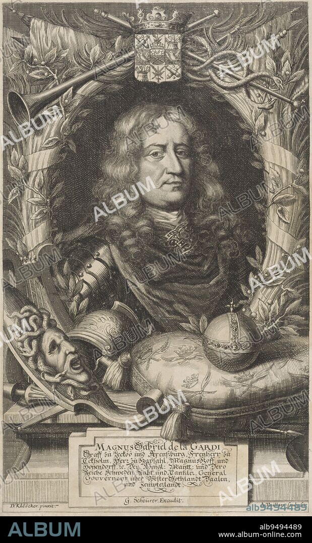 Portrait of Magnus Gabriel de la Gardie, Andries Vaillant, after David Ehrenstrahl, 1665 - 1693, Portrait of the Swedish soldier Magnus Gabriel de la Gardie, in armor in an oval laurel wreath, with a trumpet and caduceus (attribute of Mercury) at the top and a family coat of arms. In front of the portrait, on the left, a shield with the head of Medusa (attribute of Minerva), helmet and lance, and on the right, an imperial apple on a cushion., print maker: Andries Vaillant, (mentioned on object), after: David Ehrenstrahl, (mentioned on object), publisher: Georg Scheurer, (mentioned on object), 1665 - 1693, paper, engraving, etching, h 304 mm × w 188 mm.
