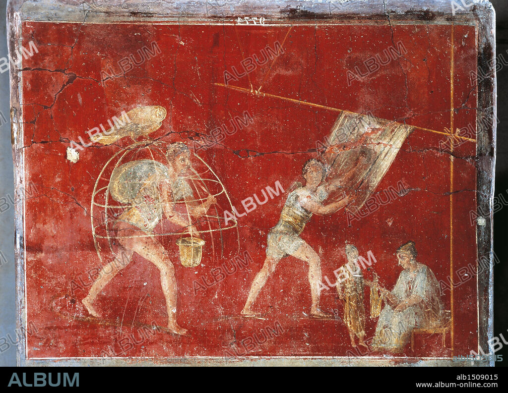 Roman civilization, 1st century A.D. "Fullones" pillar, depicting wool manufacturing, fresco. From Pompei, Fullonica (laundry) of Veranio Ipseo, detail.