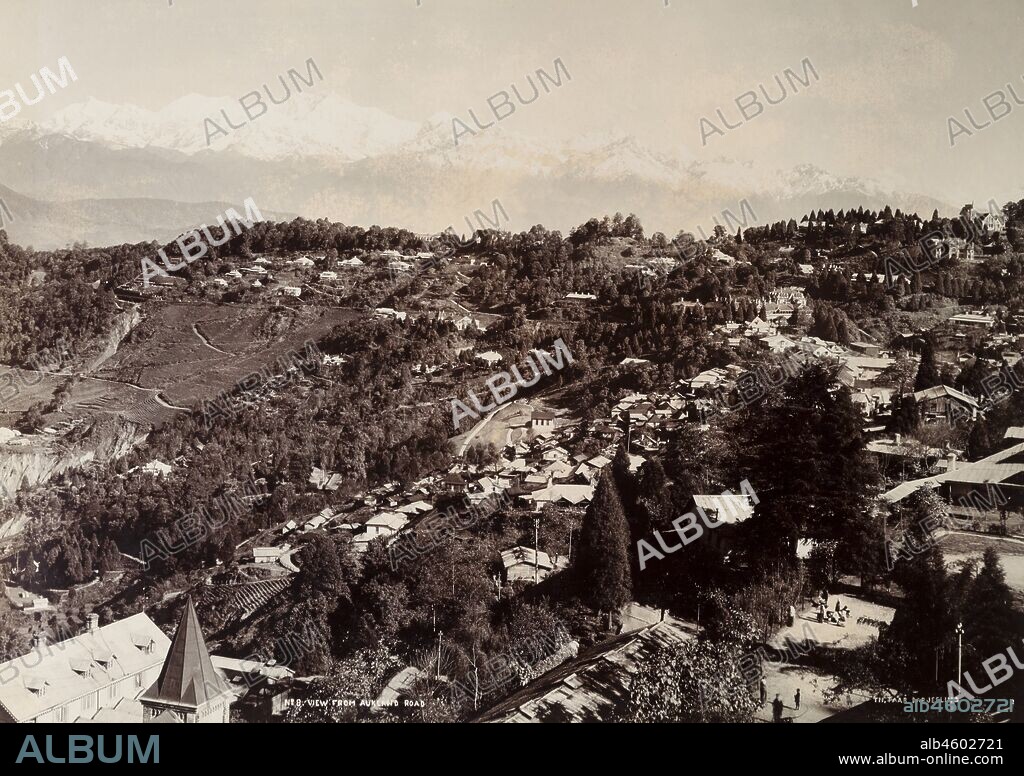 India, View looking down on Darjeeling taken from Auckland Road, showing churches, houses, and people standing in open spaces.Printed caption: No.8 VIEW FROM AUKLAND [sic] ROADTH. PAAR. DARJEELINGOriginal manuscript caption: View from Auckland RoadDarjeeling, circa 1900. 2003/071/1/1/3/26.