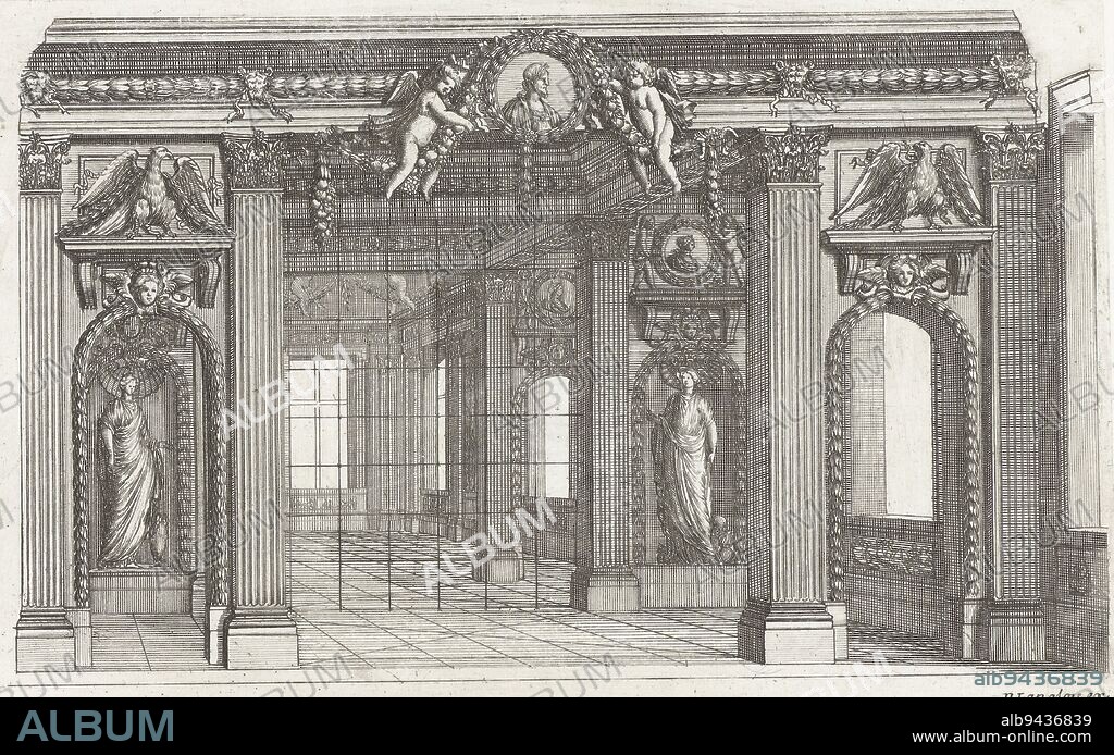 The wall in the alcove consists of mirrors in which both the back of the alcove wall and the opposite wall of the room can be seen, Wall arrangement with Corinthian pilasters Nouueaux desseins d'Alcoves (series title), print maker: Jean Marot (I), Jean Marot (I), publisher: Nicolas Langlois (I), (mentioned on object), print maker: France, (possibly), France, (possibly), publisher: Paris, 1629 - 1703, paper, engraving, h 148 mm × w 233 mm.