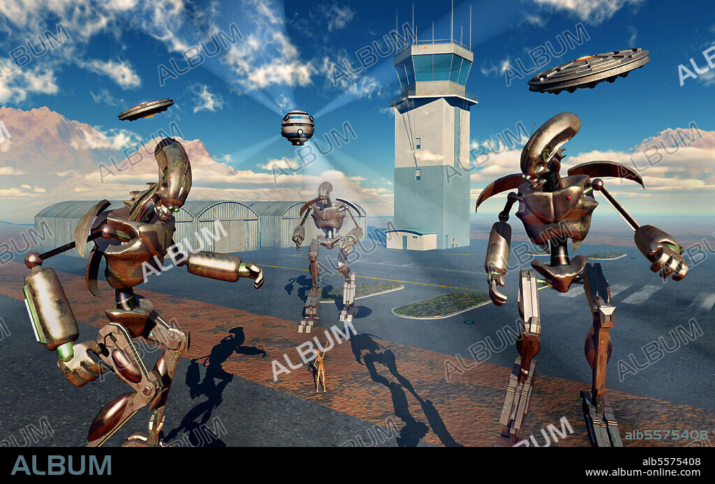 An alien being with giant robots at the Area 51 top secret base in Roswell, New Mexico.