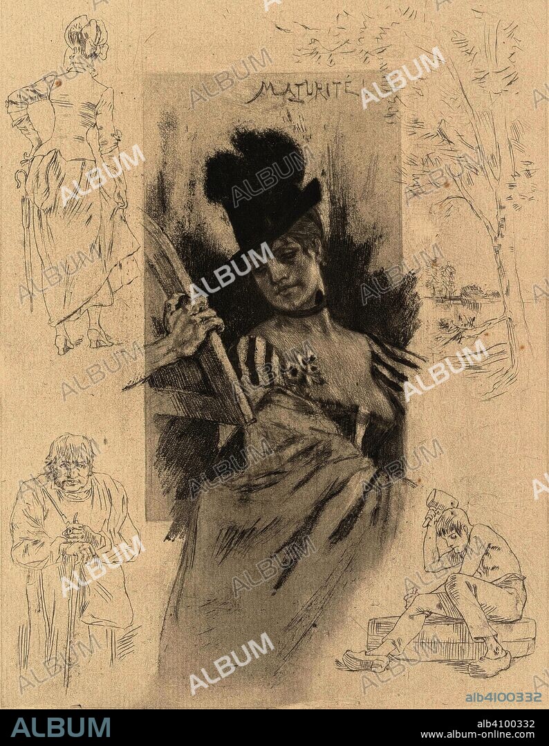FELICIEN ROPS. Maturity (Maturité) from the book Eau-forte, pointe sèche et vernis mou by Auguste Delâtre. Dimensions: 25.7 cm x 19.2 cm, 18.5 cm x 14.3 cm, 17.3 cm x 13.3 cm.