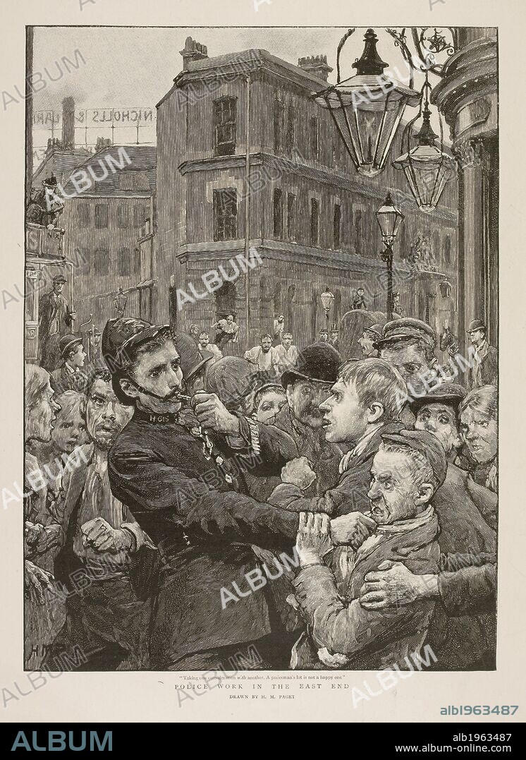 'Police work in the east end'. A policeman trying to control a crowd. The Graphic. 28 December 1895. Source: The Graphic 28/12/1895, p. 804.
