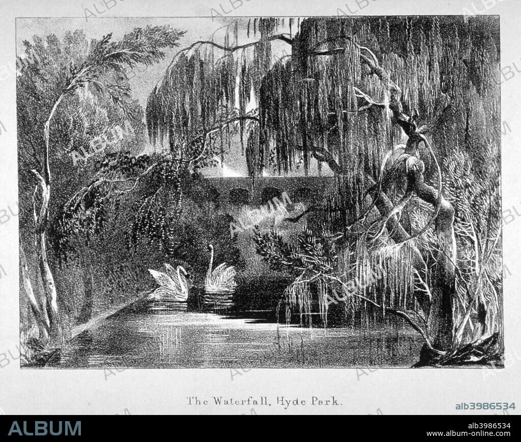 View of a waterfall and two swans in Hyde Park, London, c1820.