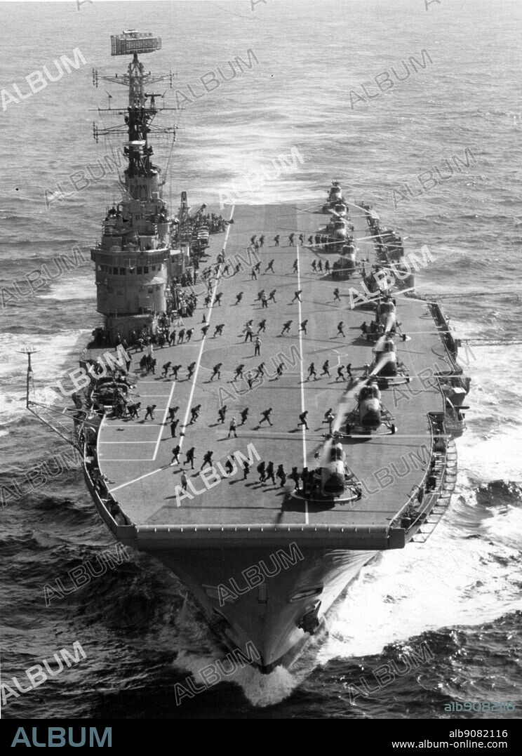 HMS Albion on exercises with Wessex MK5 Helicopters of 848 RN Air Squadron and 41 Commando embarked.