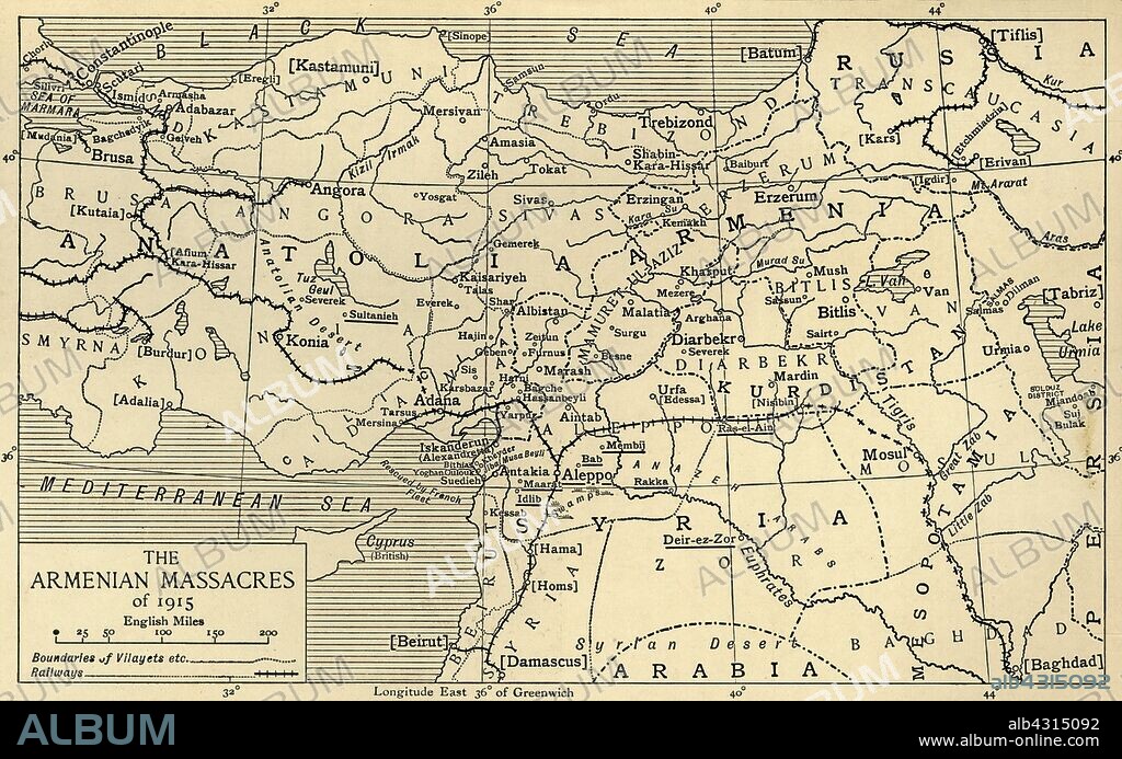 'The Armenian Massacres of 1915', First World War, (c1920). Map showing Armenia, and parts of Turkey, Russia and Syria: 'Every place marked in this map, with the exception of those included in square brackets, was the scene of deportations, or massacres, or both, between April and November 1915. (Dhimstika, Malgara, and Keshan, in Thrace, are too far west to be included, but they must be added to the list). The nine places underlined were the destinations marked out, for such of the deported Armenians as reached them, as waiting-places for death.' 1.5 million Armenians, mostly citizens within the Ottoman Empire, were murdered in the systematic extermination which came to be known as the Armenian Genocide, or Armenian Holocaust. From "The Great World War - A History" Volume IV, edited by Frank A Mumby. [The Gresham Publishing Company Ltd, London, c1920].