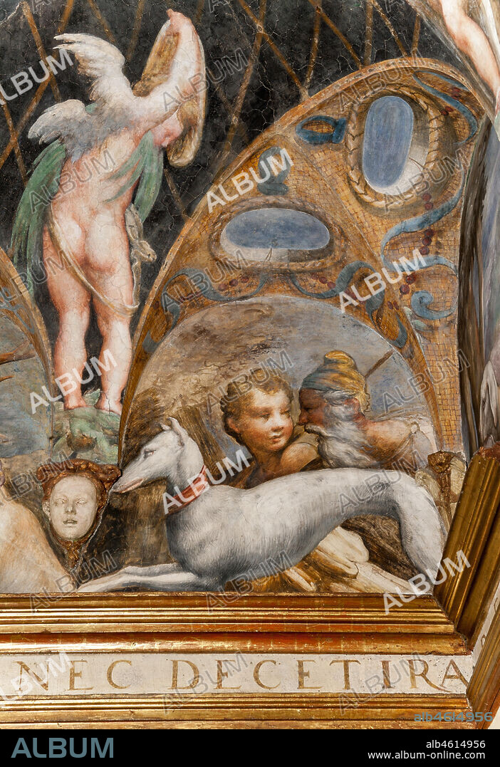 Parma, Fontanellato, Rocca Sanvitale, room of Diana and Actaeon: detail of the ceiling with the cycle of frescoes by Parmigianino (Girolamo Francesco Maria Mazzola) depicting the myth of Diana and Actaeon, taken from Ovid's Metamorphoses. The room, frescoed in 1524, probably was the bathroom of Paola Gonzaga, wife of Galeazzo Sanvitale.
