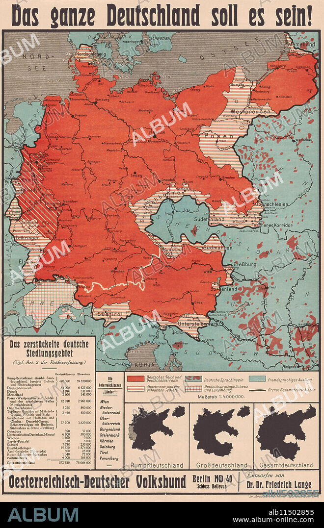 Das ganze Deutschland soll es sein! /  It Should Shall All Be Germany.  Germany needed cartographic support for its claims that the Treaty of Versailles had been unfair.  This map was produced by one of the leading figures in Nazi cartography, Dr. Dr. Friedrich Lange.  Published by the Austro-German Volksbund (nationalist "Peoples' League"), based in Berlin, in 1923.