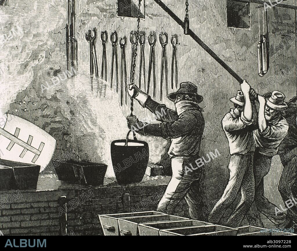 HISTORIA DE LOS ESTADOS UNIDOS. SIGLO XIX. "OBREROS TRABAJANDO EN EL PROCESO DE FUNDICION Y REFINAMIENTO DE LA PLATA". (Ciudad de VIRGINIA). Grabado que fue publicado en el periódico "Frank Leslie's" en el año 1878.