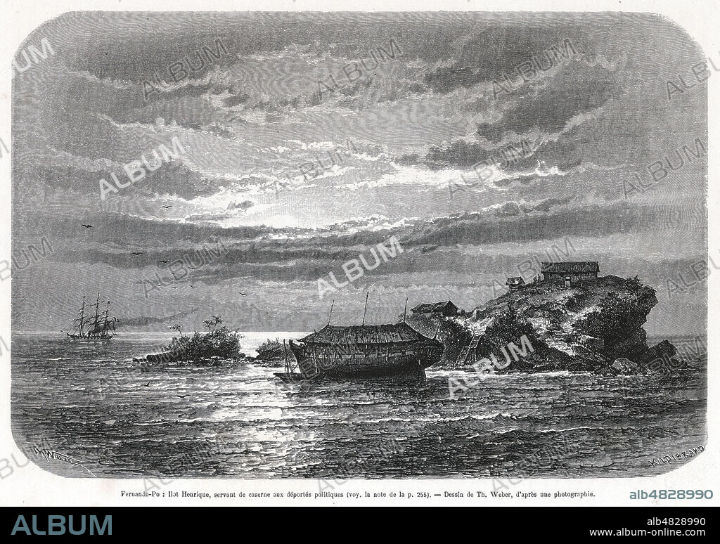 Fernando-Po (colonie espagnole). Ilot Henrique, servant de caserne aux deportes politiques. Illustration de Theodor WEBER (1838-1907) pour Croisiere a la Cote d'Afrique par le vice-amiral Alphonse FLEURIOT de LANGLE (1809-1881) repris dans Le Tour du Monde de 1876. Credit : Collection Kharbine-Tapabor.