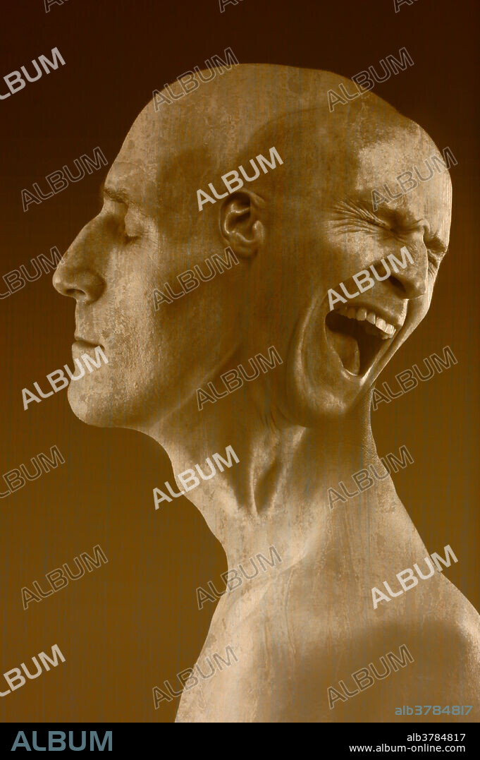 Photo illustration of a man suffering from paranoid schizophrenia. The man's thoughts are controlled by delusions, and auditory hallucinations, such as hearing voices.