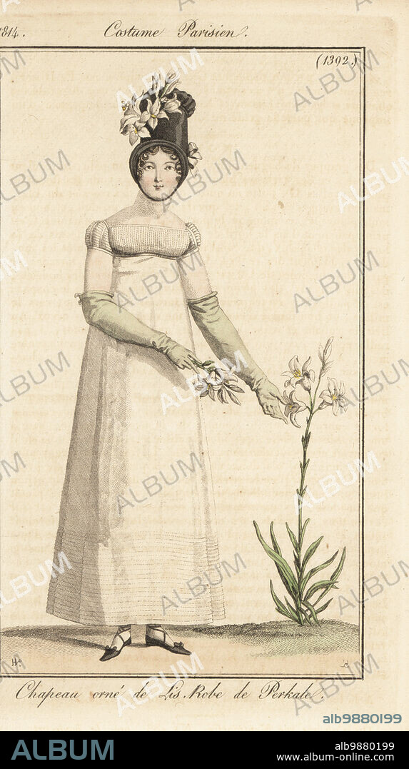 Fashionable woman with lily flowers, 1814. She wears a hat decorated with Madonna lilies, a simple percale-cotton dress and long gloves. Chapeau orne de lis, robe de perkale. Handcoloured copperplate engraving by Jean Charles Baquoy after a fashion plate by Horace Vernet from Pierre de la Mesangeres Journal des Dames et des Modes, Magazine of Women and Fashion, Paris, 1814.