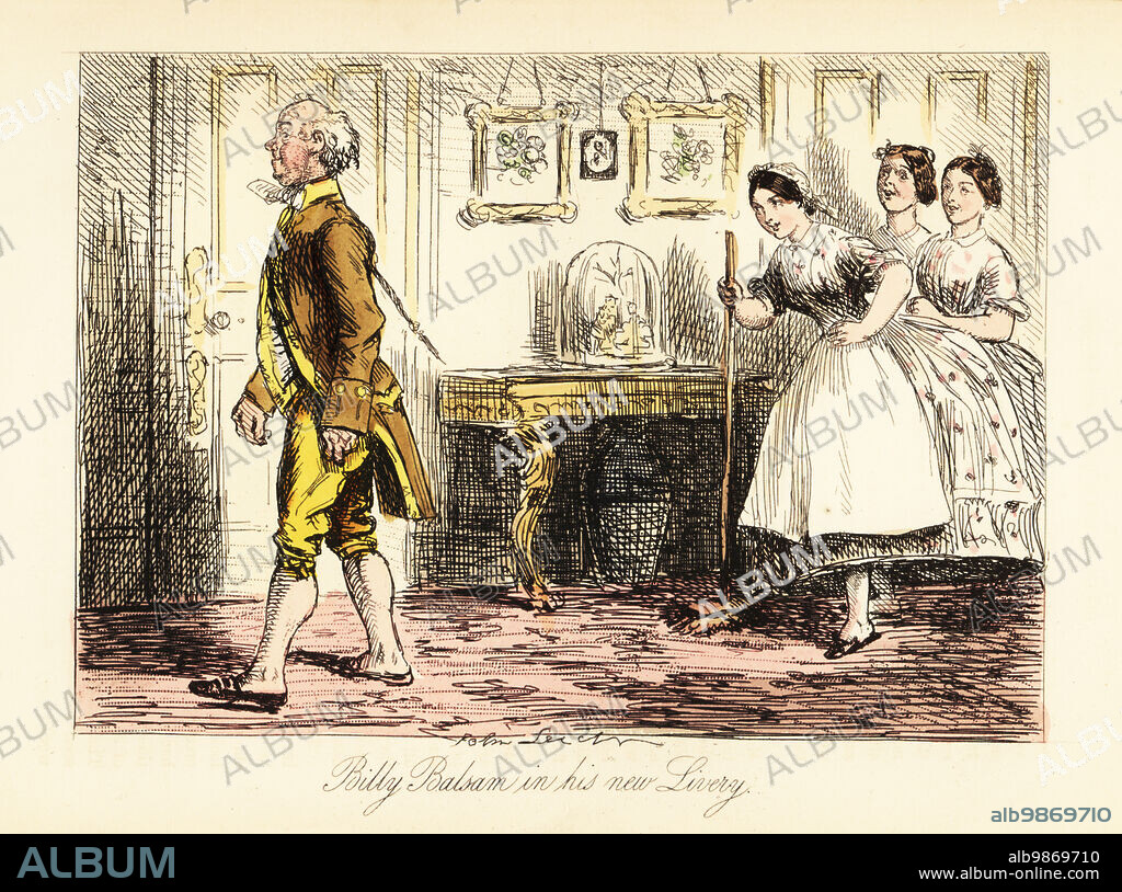 The maids laughing at a gardener dressed up in new footmans livery, 19th century. Mrs Lucy Somersville outfitting her staff in pea-green coat, yellow breeches and pink stockings from Moses Mordecais tailors. Billy Balsam in his new livery. Handcoloured steel engraving after an illustration by John Leech from Robert Smith Surtees Mr. Facey Romfords Hounds, Bradbury, Evans and Co., London, 1865. Leech (1817-1864) was an English caricaturist and illustrator best known for his work for Punch magazine.