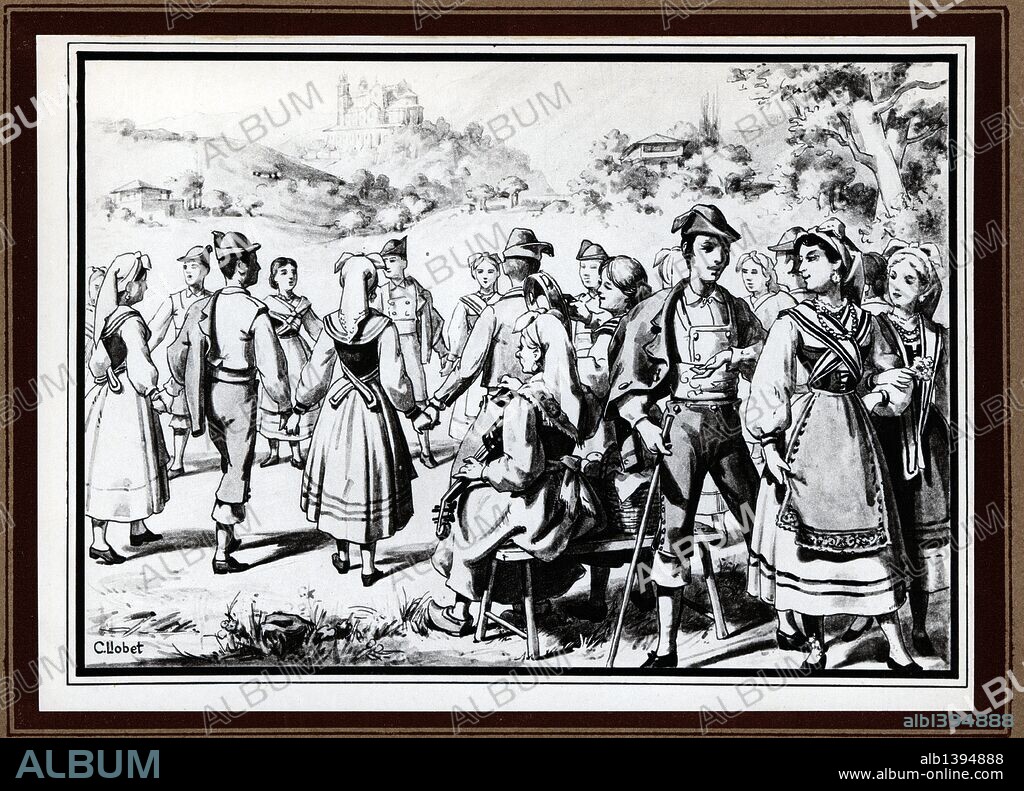 CARLOS LLOBET BUSQUETS. Danza Prima. Antiguo baile regional de Asturias. Covadonga. Grabado de 1929.