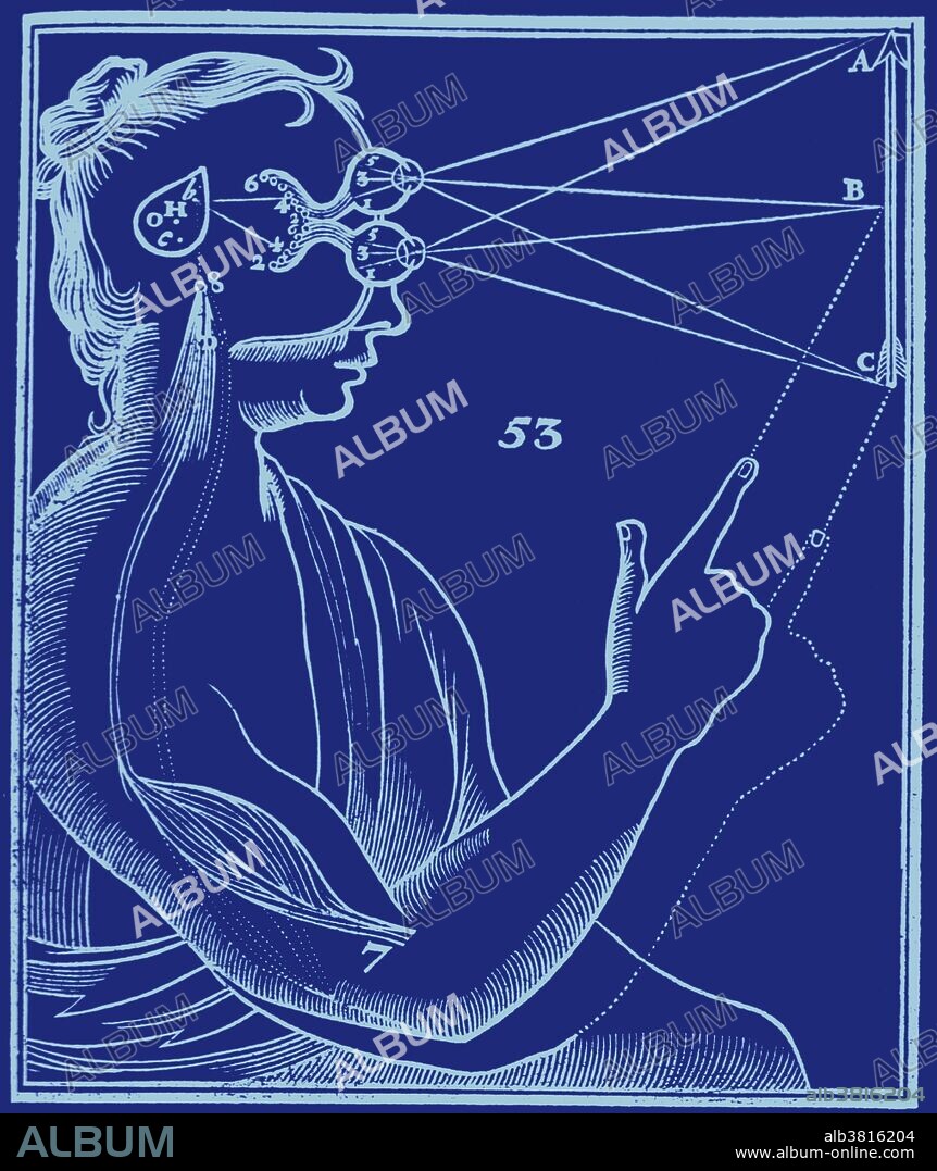 Woodcut of eyes on a human figure, represented above each other and focused on an arrow at right; lines extend from the eyes to the mid and terminal points of the arrow; also shown is portion of the brain responsible for automatic response. Appeared in "Tractatus de homine, et de formatione foetus" (1677) by Rene Descartes. The work shows the relationship between the sensory perception of an image and muscular action.