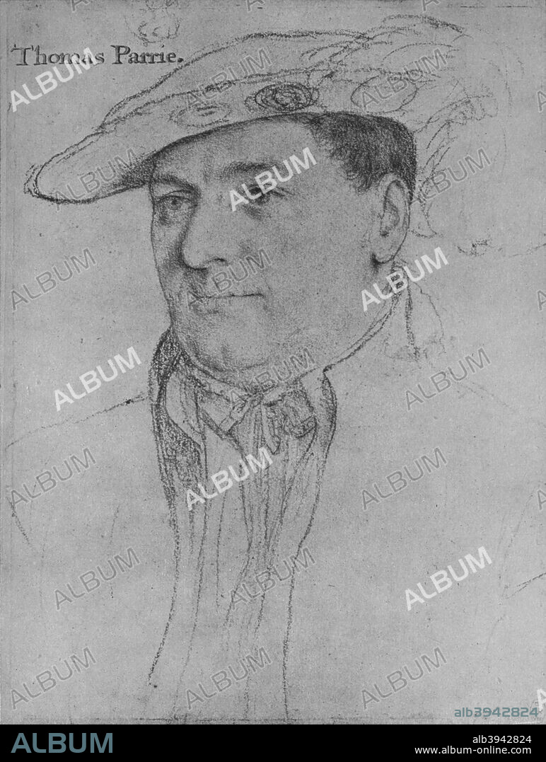 'Sir Thomas Parry', c1532-1543 (1945). Sir Thomas Parry (c. 1515-1560) was a Comptroller of the Household to the English Queen Elizabeth I. The drawing is part of the Royal Collection Trust, Windsor Castle. From The Drawings of Holbein at Windsor Castle by K. T. Parker. [The Phaidon Press Ltd, Oxford & London, 1945].