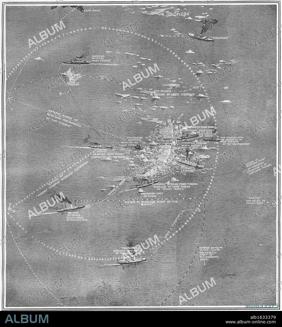 Ships near Titanic. Illustration of the approximate position of neighbouring ships at the time the Titanic sank. The Californian was the nearest, at only 19 miles away, but her engines were switched off and her wireless operator not on duty. Titanic was built by Harland & Wolff in Belfast Ireland during 1910 - 1911 and sank on the 15th April, 1912, after striking an iceberg off the coast of New Foundland during her maiden voyage from Southampton, England to New York, USA, with the loss of 1,522 passengers and crew. (Photo by Titanic Images/Universal Images Group).