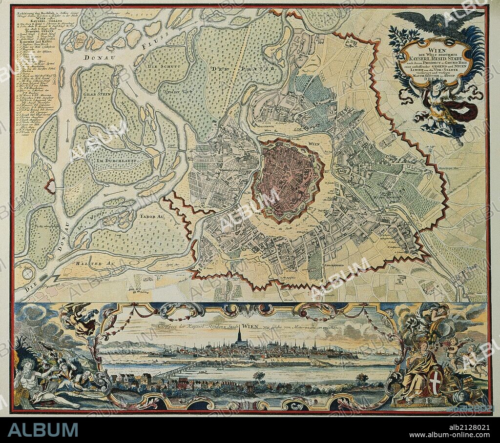 HISTORIA DE AUSTRIA. EDAD MODERNA. VIENA. Plano de la capital austríaca amurallada con el Prater y demás bosques y el rio Danubio y sus distintos canales, según grabado del año 1720.
