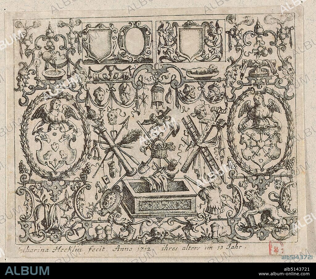 Katharina Hecklin, Johann Christoph Weigel, Matthäus Merian, re-engraving of a sheet of the series Querfüllungen mit Grottesken, densely packed, paper, etching, sheet size (sheet cut): height: 8.00 cm; width: 9.70 cm, inscribed: in the plate: Katharina Hecklin fecit. Anno 1712. of her age at the age of 13, stamp, red stamp with the letter S, graphics, grotesque (ornament), ornaments, cross-filling with tail grotesque, sheet from a series of laterally inverted re-engravings of Matthäus Merian's series of ornamental fillings, probably 3rd edition, published by J. C. Weigel between 1690 and 1726, publisher's number 11.