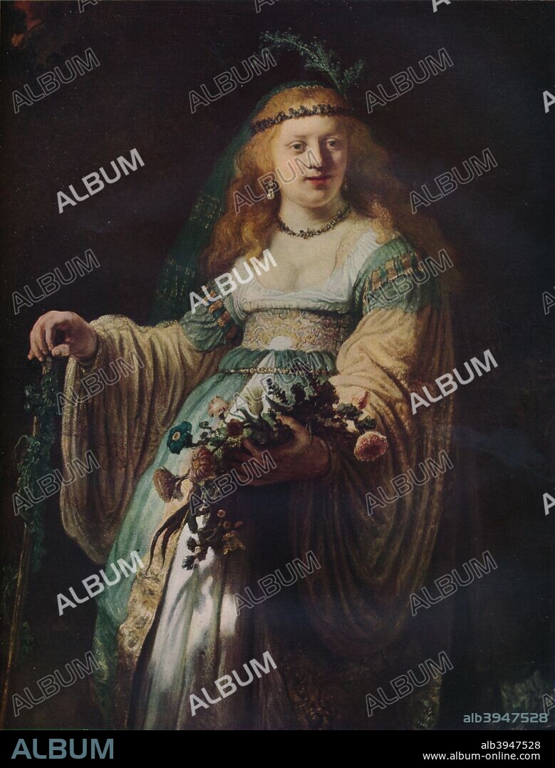'Saskia van Uylenburgh in Arcadian Costume', 1635. Saskia van Uylenburgh (1612-1642), the daughter of a burgomaster of Leeuwarden in Friesland, married Rembrandt in 1634. Painting held at The National Gallery, Lodnon.  From The Studio Volume 117. [The Offices of the Studio, London, New York, 1939.].