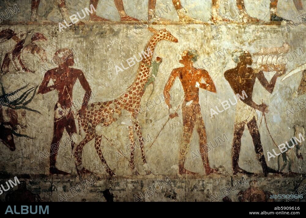 Ägyptisch, Neues Reich, 18. Dynastie, um 1490/. 1410 v. Chr. Nubier bringen Tiere als Tribut; Ausschnitt: Giraffe, Affe. Wandmalerei aus dem Grab des Hofbeamten Rekhmere. Luxor-Theben, Gräberfeld von Sheik Abd al-Qurnah.