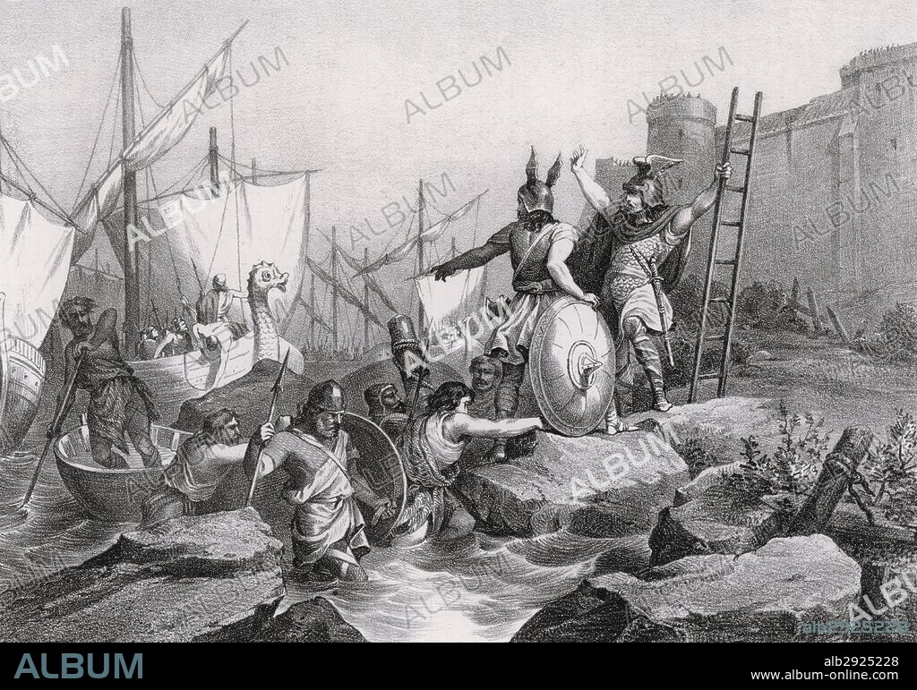 Historia. Desembarco de Sisebuto (?-621), rey visigodo, en Tánger para combatir a los piratas que atacaban la península. Grabado de 1871.