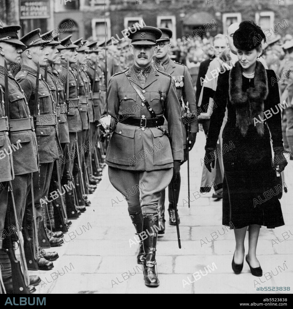 The Duchess of Kent At Bath -- The Duchess inspecting her Guard of Honour of the 4th Batt. somerset Light Infantry upon arrival at the Assembly Rooms, Bath.H.R.H. The Duchess of Kent re-opened the famous Assembly Rooms at Bath today, afterwards visiting the Royal National Hospital for Rheumatic Diseases, the Pump Room, and the Roman Baths. October 19, 1938. (Photo by Fox Photos).