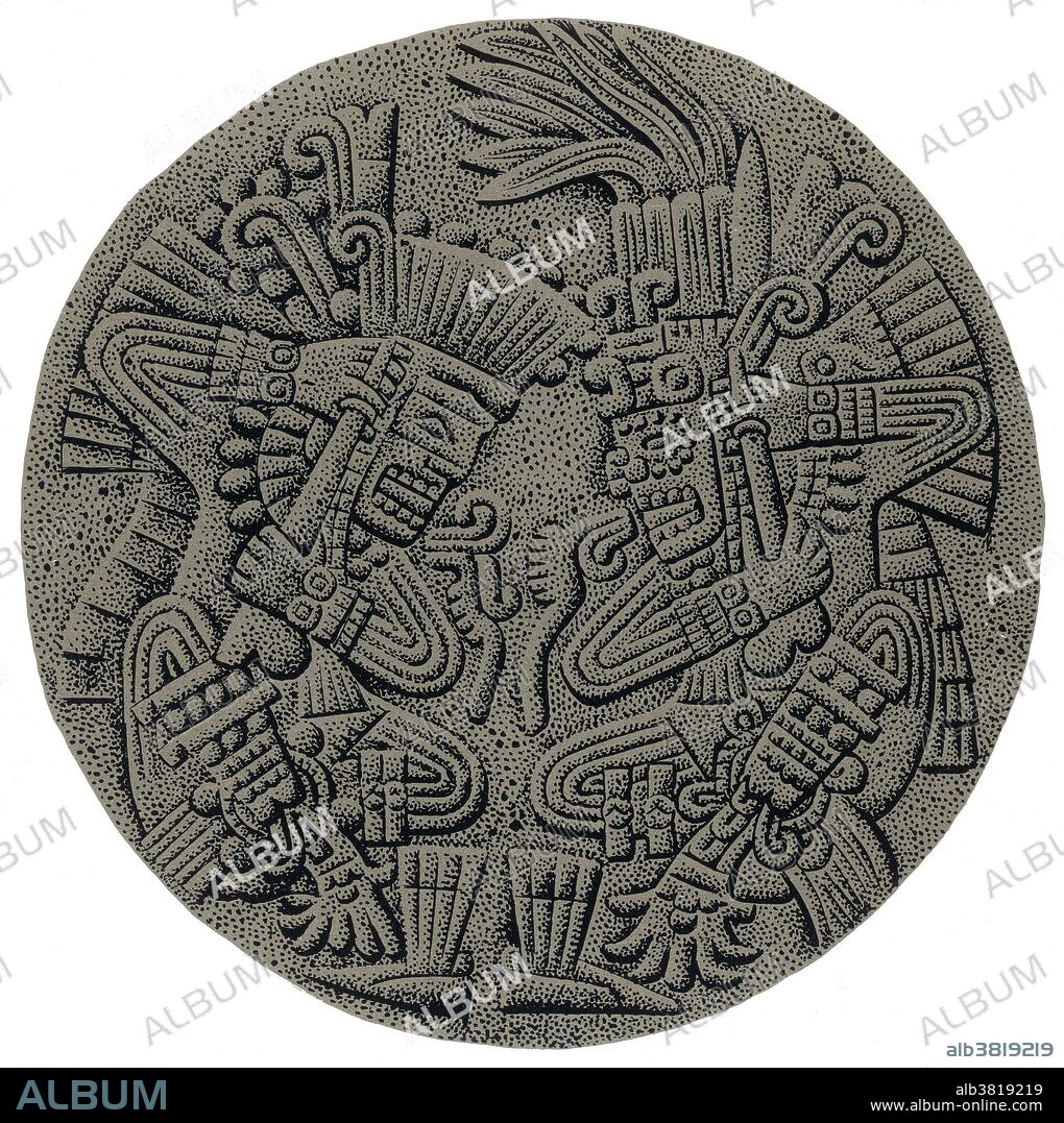 Tezcatlipoca was a central deity in Aztec religion. He is associated with a wide range of concepts, including the night sky, the night winds, hurricanes, the north, the earth, obsidian, enmity, discord, rulership, divination, temptation, jaguars, sorcery, beauty, war and strife. Tezcatlipoca is often portrayed as a jaugar, His name, "smoking mirror," comes from the black obsidian used by Aztec priests for looking into the future. Huitzilopochtli was a god of war, sun, human sacrifice and the patron of the city of Tenochtitlan. He was also the national god of the Mexicas of Tenochtitlan. Huitzilopochtli was a tribal god and a legendary wizard of the Aztecs. Originally he was of little importance to the Nahuas, but after the rise of the Aztecs, Tlacaelel reformed their religion and put Huitzilopochtli at the same level as Quetzalcoatl, Tlaloc, and Tezcatlipoca, making him a solar god. A cuauhxicalli or quauhxicalli was an altar-like stone vessel made of lava used by the Aztecs to contain human hearts extracted in sacrificial ceremonies.
