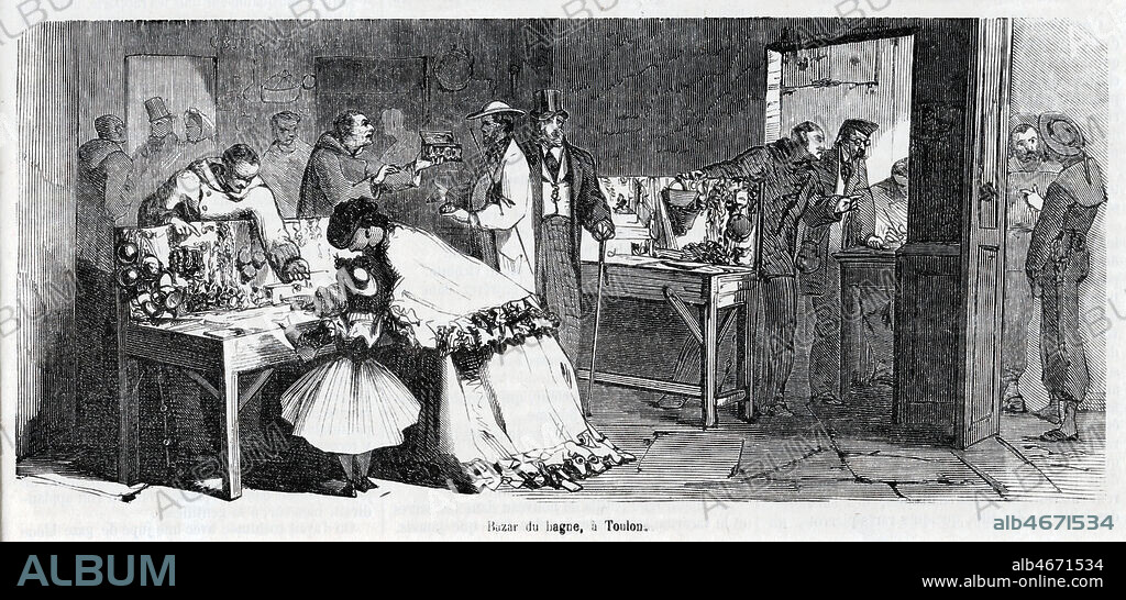 Bazar du bagne de Toulon (vente des objets fabriques par les bagnards). Gravure de L'Illustration du Midi (de Toulouse) du 25 octobre 1863. Credit : Collection Jonas/Kharbine-Tapabor.