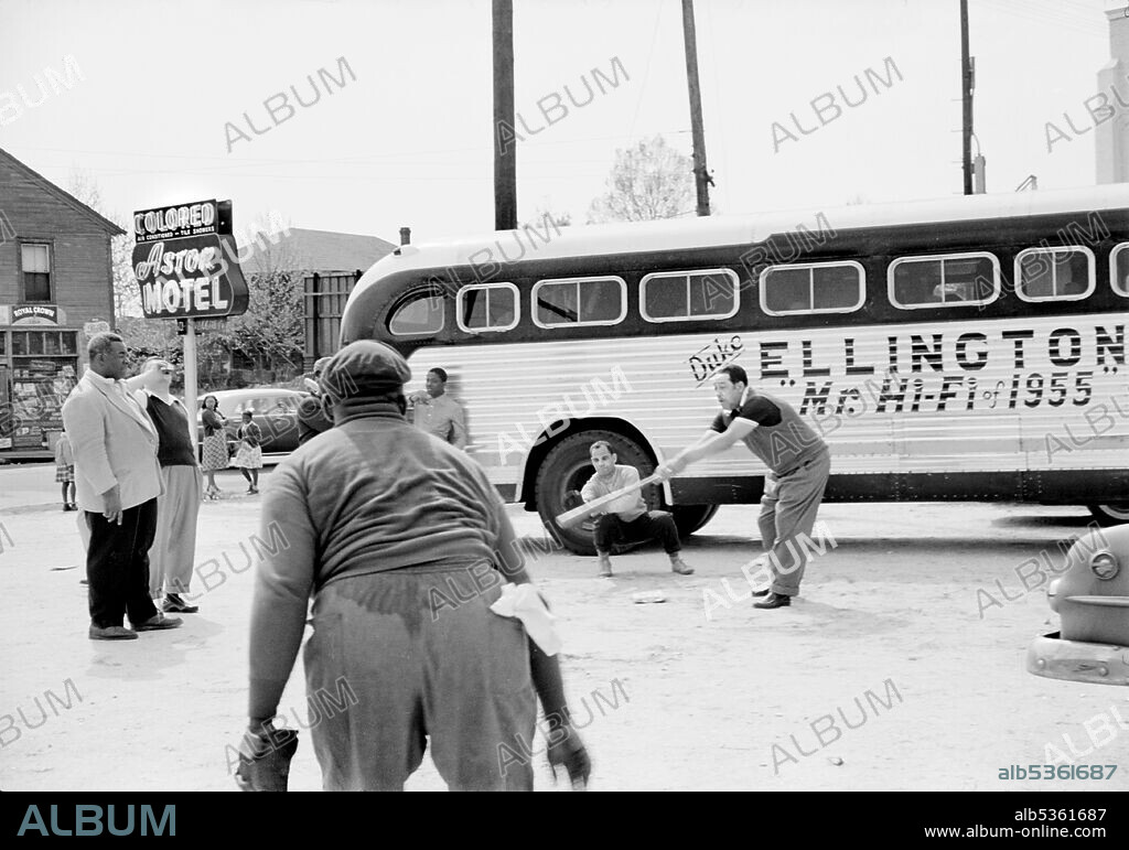 Duke Ellington and Band Members playing Baseball in front of their Segregated Motel while touring, Florida, USA, Charlotte Brooks, LOOK Magazine Photograph Collection, 1955.