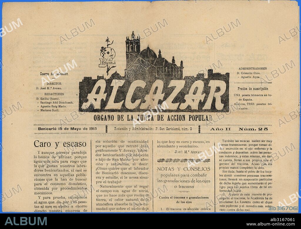 Portada del periódico Alcázar, órgano de la Junta de Acción Popular. Editado en Benicarlo, mayo de 1915.