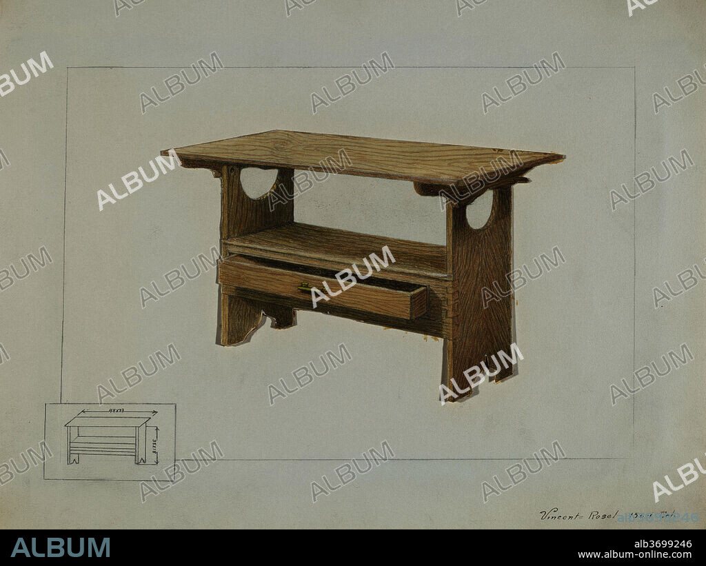 VINCENT P. ROSEL. Kitchen Bench Table. Dated: c. 1936. Dimensions: overall: 23 x 30.5 cm (9 1/16 x 12 in.)  Original IAD Object: Top:48"x33".  Height of sides 29"x18".  See data sheet for dets.. Medium: watercolor, colored pencil, and graphite on paper.