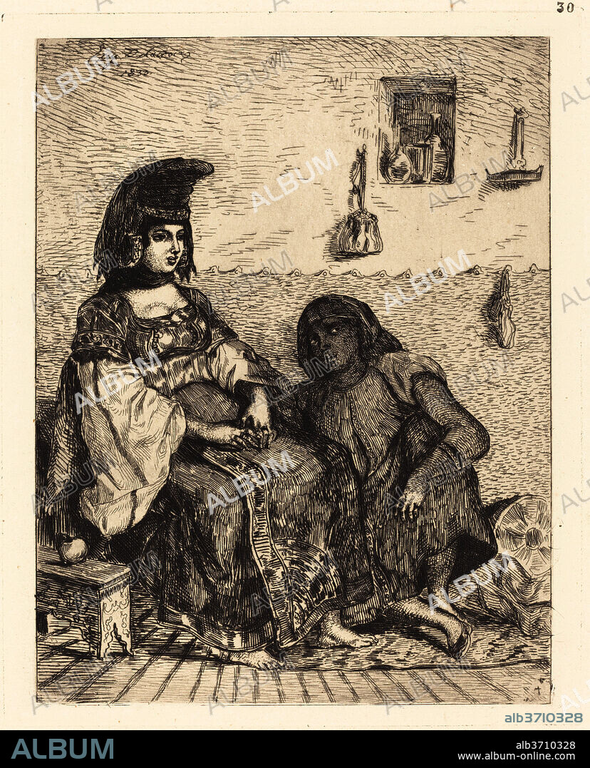 EUGENE DELACROIX. Jewish Woman of Algiers (Juive d'Alger). Dated: 1833. Dimensions: plate: 21.4 x 17.4 cm (8 7/16 x 6 7/8 in.)  sheet (laid down): 46.1 x 35 cm (18 1/8 x 13 3/4 in.). Medium: etching.