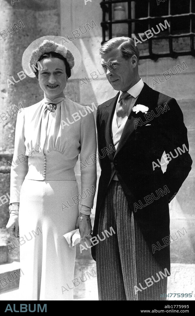 Edward VIII and Wallis Simpson on the day of their marriage at the Castle of Conde. Edward VIII and Wallis Simpson posing at the Castle of Conde on their wedding day. Monts, 3rd June 1937.