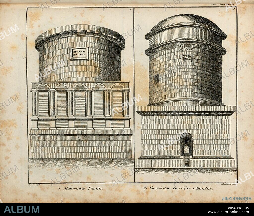 1. monument Plautii, 2. Mausoleum of Cecilia Metella, Mausoleum of Plautus and Tomb of Caecilia Metella in Rome, signed: Graesel (fec.), Std., R. Weber, Tab. XXXVI, Graesel (fec.), Weber, Rudolf (Steindr.), Franz Heinrich Köhler: Urbs Roma: Ansichten der Tempel, Paläste, Theater, Amphitheater, Triumphbogen, Porticus, Circi, Naumachieen, Basilieae, Grabmäler, Wasserleitungen, Thore, Bäder, Ehrensäulen, Obelisken etc. Bd. 2. Leipzig: Köhler, 1829.