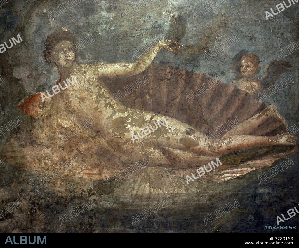 Fresco romano. Diosa Venus reclinada en una concha con Eros. Pompeya (?). 50-70 d. C. Gabinete Secreto. Museo Arqueológico Nacional. Nápoles. Italia.