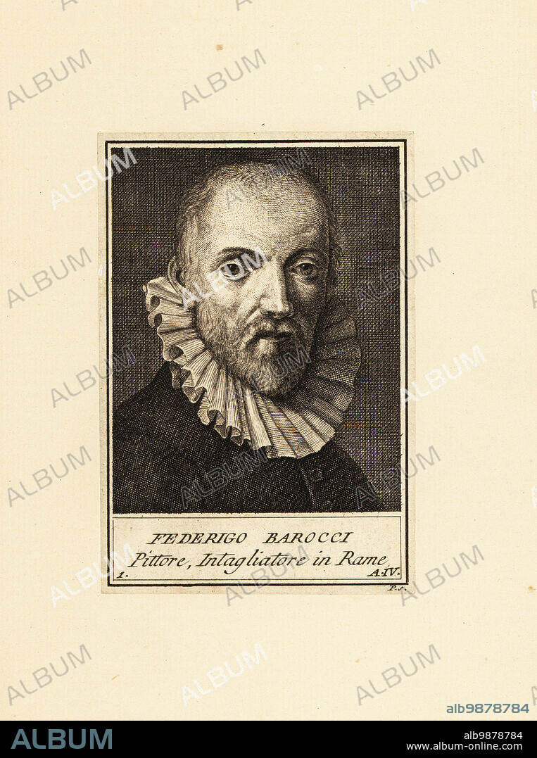 Portrait of Federico Barocci (c. 1535-1612), Italian Renaissance painter and printmaker. His original name was Federico Fiori, and he was nicknamed Il Baroccio. Federigo Barocci, Pittore, Itagliatore in Rame. Copperplate engraving by P after a self-portrait by Barocci.