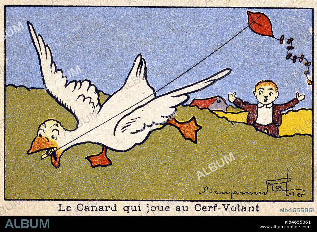 Le canard qui joue au cerf-volant. Illustration de Benjamin RABIER (1864-1939) pour une carte postale vers 1910. Scenes animalieres, animaux amusants, humoristiques. Credit : Collection IM/KHARBINE-TAPABOR.