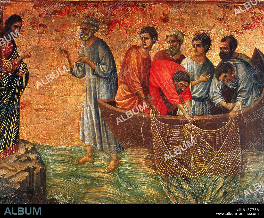 DUCCIO DI BUONINSEGNA (1255-1319). LA MAESTA - LA PESCA MILAGROSA O APARICION EN EL LAGO TIBERIADES - 1308-1311 - TEMPLE/TABLA - 36,5 x 47,5 cm - GOTICO INTERNACIONAL.