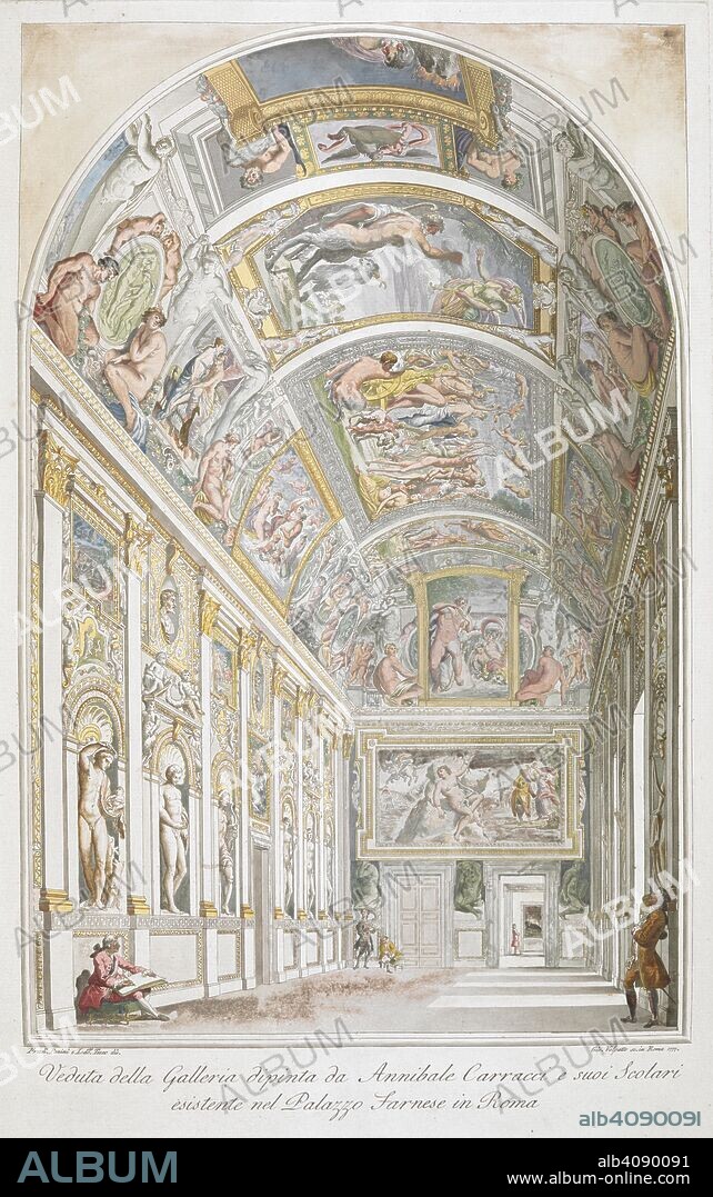 Visitors contemplate the Loves of the Gods painted by Annibale Carracci on the vaulted ceiling of the Farnese Gallery in Rome, with a draughtsman copying the paintings on the left. An open door can be seen in the background. Veduta della Galleria dipinta da Annibale Carracci e suoi Scolari esistente nel Palazzo Farnese in Roma. [Rome] : [Giovanni Volpato], 1777. Hand-coloured etching and engraving. Source: Maps K.Top.81.69.a. Language: Italian.