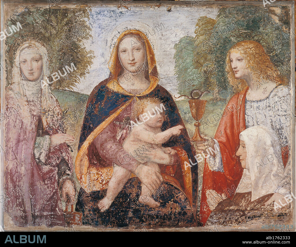 Madonna and Child, by Bernardino Luini, 1521-1523, 16th Century, fresco transferred to panel, cm 86 x 106. Italy, Lombardy, Milan, Brera Art Gallery. All. Madonna with the Child St Martha St John the Evangelist presenting an Augustinian nun cup gold snake red blue green. Authorization required for non editorial use.