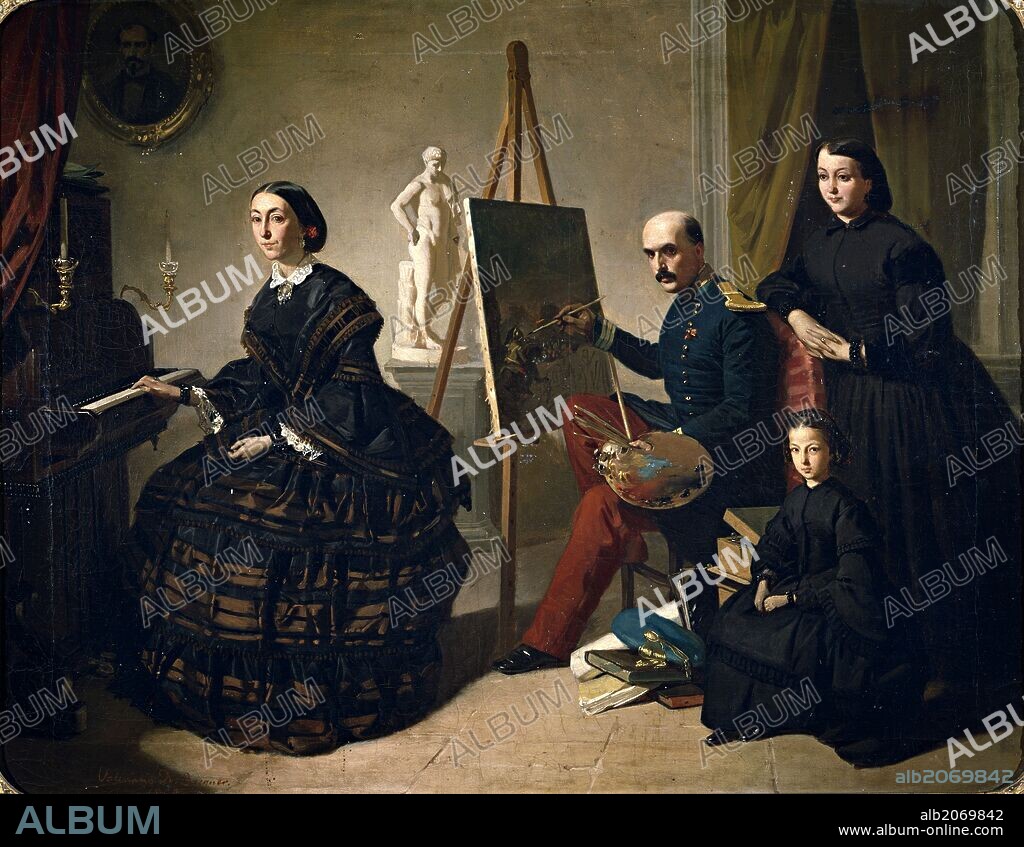 VALERIANO DOMÍNGUEZ BÉCQUER. Valeriano Domínguez Bécquer / 'El pintor carlista y su familia', 1859, Escuela Española, Óleo sobre Lienzo, 60 cm x 77 cm, P04235.