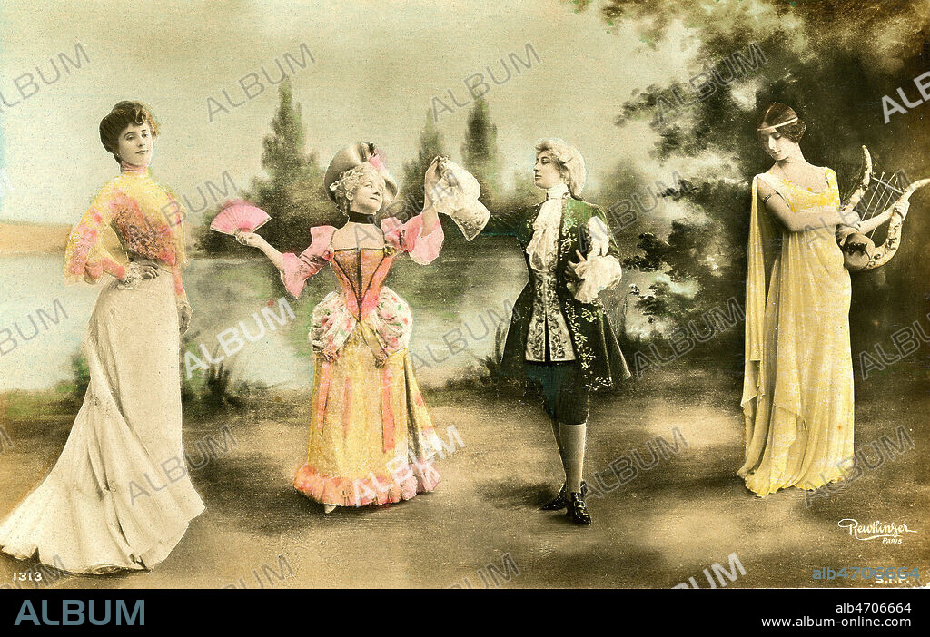 Groupe de danseuses, toutes cocottes connues de la BElle epoque (on eut reconnaitre la belle Otero ) . Photographie de Leopold REUTLINGER (1863-1937) pour une carte postale vers 1910. Credit : Jean Vigne/KHARBINE-TAPABOR.