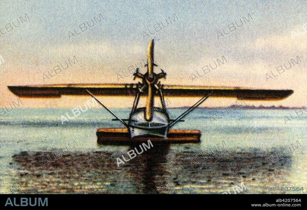 Dornier Libelle flying boat, 1920s, (1932). The Libelle ('Dragonfly') was a German open-cockpit, all-metal, parasol wing, monoplane flying boat aircraft, which first flew in 1921. From "Die Eroberung Der Luft", (The Conquest of the Air), cigarette card album produced by the Garbáty cigarette factory, 1932. Eugene and Moritz Garbáty, who were Jewish, were driven out of business by the Nazis in the late 1930s, and forced to sell their factory which lay empty for over 70 years. [Garbaty Cigarettenfabrik, Berlin-Pankow, 1932].