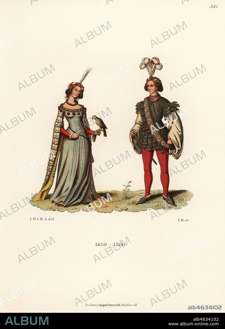 German costumes of the late 15th century. Woman in dress with long hanging sleeves holding a bird, and man in doublet with jagged sleeves and skirts, red hose, feathered hat. From figures in miniature paintings in the court library of Darmstadt. Chromolithograph from Hefner-Alteneck's Costumes, Artworks and Appliances from the Middle Ages to the 17th Century, Frankfurt, 1889. Illustration by Dr. Jakob Heinrich von Hefner-Alteneck, lithographed by C. Regnier. Dr. Hefner-Alteneck (1811 - 1903) was a German museum curator, archaeologist, art historian, illustrator and etcher.