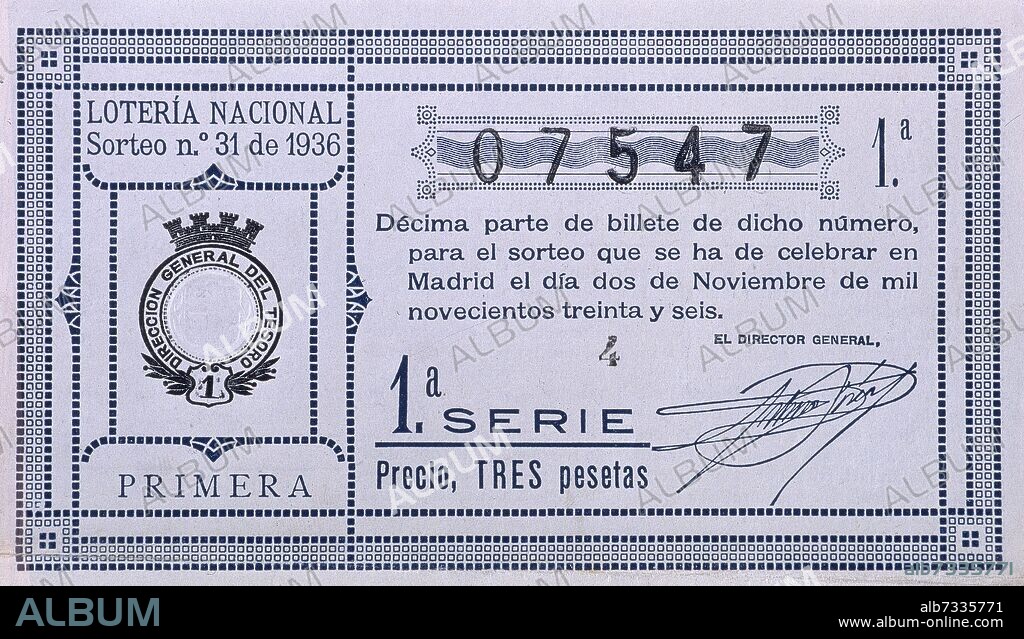 DECIMO DE LA LOTERIA NACIONAL- SORTEO MADRID 2/X/1936  EDICION 1- TRES PESETAS.