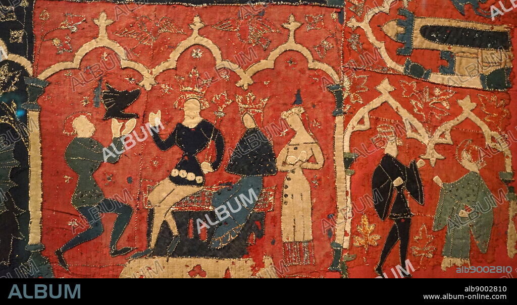 Wall hanging depicting episodes from Tristian and Isolde, the tale of doomed love. Dated 14th Century.