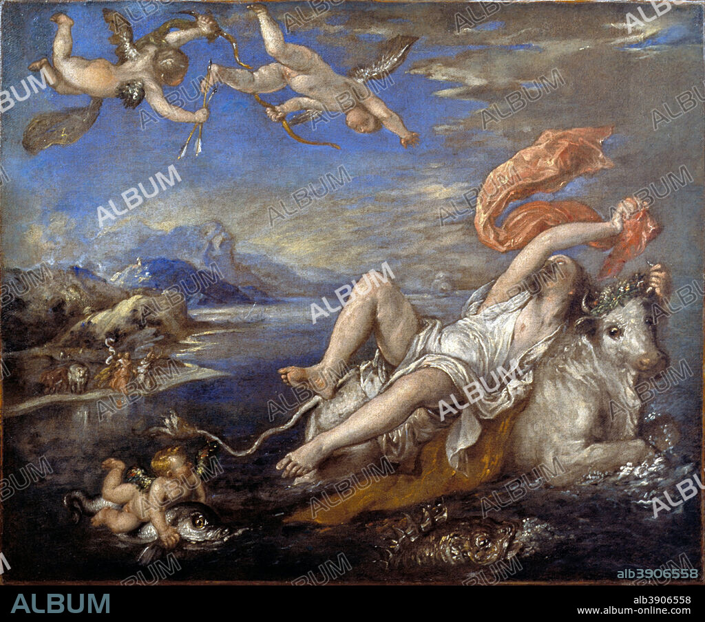 TITIAN. Rape of Europa. Date/Period: 17th century. Painting. Oil on canvas Oil. Height: 467 mm (18.38 in); Width: 571 mm (22.48 in).