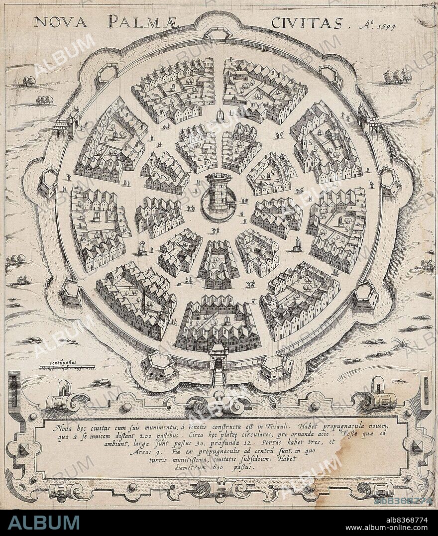 Palmanova is a town and municipality in northeastern Italy. It is an excellent example of a bastion / star fort of the design favoured in the Late Renaissance era. First built by the Venetians in 1593, the fort-town was designed by Vincenzo Scamozzi. A second phase of construction occurred between 1658 and 1690, with final fortifications completed under the Napoleonic domination of 1806-1813.
