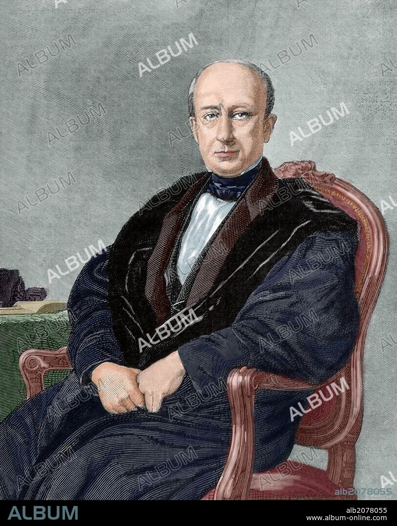 ARTURO CARRETERO Y SÁNCHEZ. Manuel Cortina (Sevilla, 1802-Madrid, 1879). Abogado, político y militar español. Se unió al movimiento que llevó al gobierno español al Trienio Liberal. Opuesto al absolutismo de Fernando VII. Grabado por Arturo Carretero. "La Ilustración Ibérica y Americana", año 1879. Coloreado.